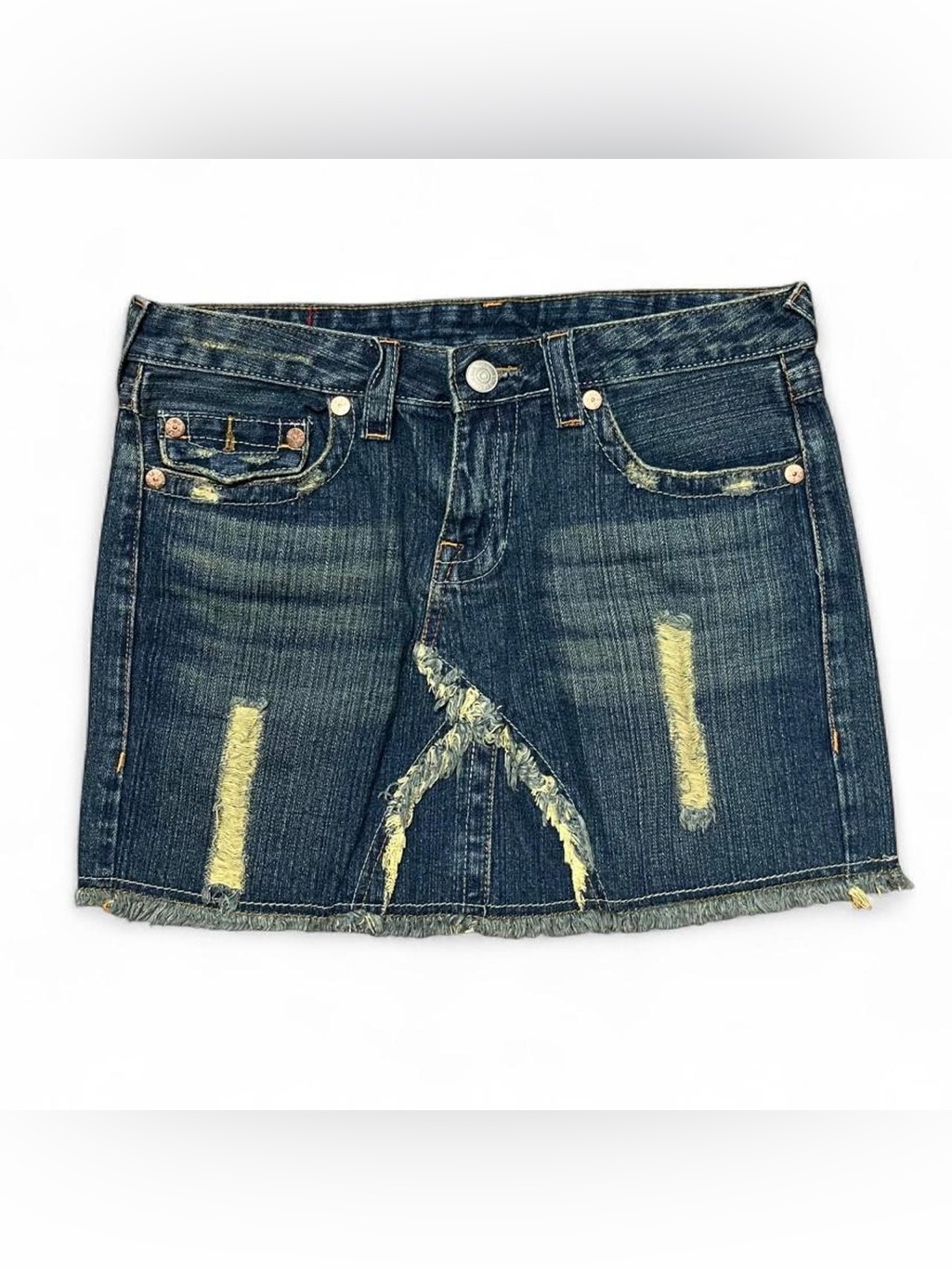 True Religion Distressed Dark Blue Denim Mini Skirt